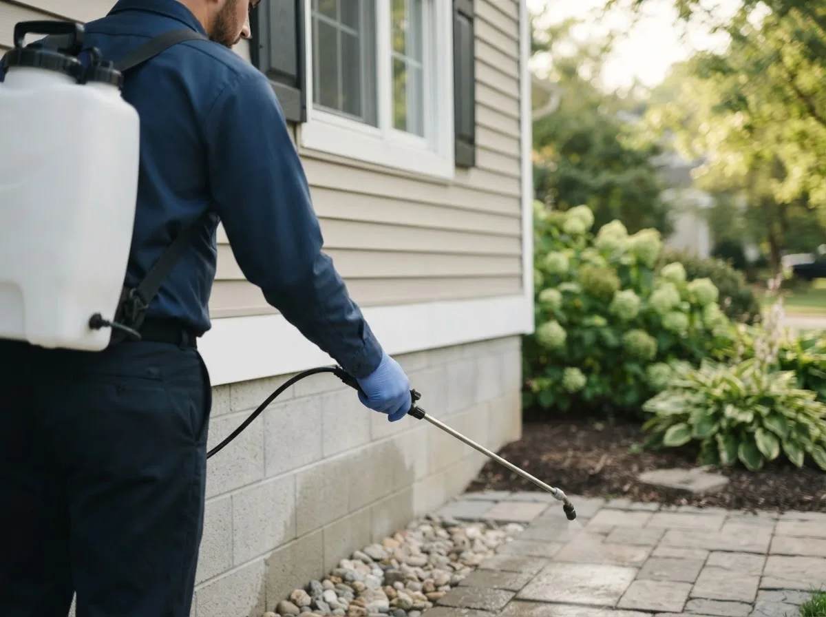 Pest control technician inspecting a home in Dennison, MN